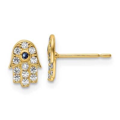 CZ Diamond &amp; Blue Glass Stone Hamsa Post Earrings 14k Gold YE2133, MPN: YE2133, 191101785955