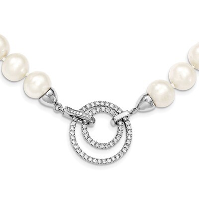 10-11mm White Cultured Freshwater Pearl CZ Diamond Fancy Clasp Adjustable Necklace 19.5 Inch Sterli…