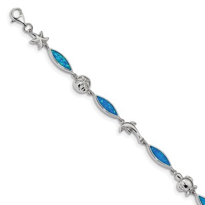 Blue Inlay Created Opal Sea Life Bracelet 7 Inch Sterling Silver Rhodium-plated QG4237-7, MPN: QG42…