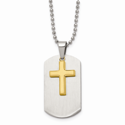 Dog Tag Yellow IP-plated Brushed Cross Necklace Stainless Steel Polished SRN1351-22 by Chisel, MPN:…