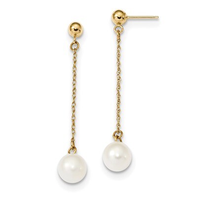 7-8mm White Round Fresh WaterC Pearl Post Dangle Earrings 14k Gold XF652E, MPN: XF652E, 191101434600