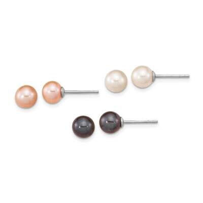 6-7mm Set of 3 Wt Bk Pink Round Fwc Pearl Earrings Sterling Silver Rhodium-Plated QE16321, MPN: QE1…