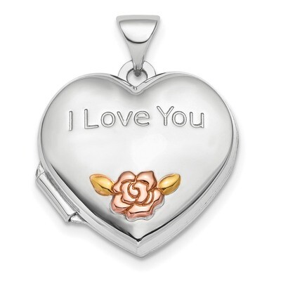 Sterling Silver Rhodium-Plate Rose &amp; Gold-Tone Flower I Love You Locket Sterling Silver Rhodium Eng…