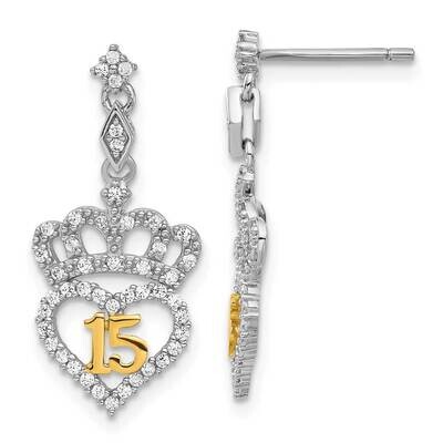 Sterling Silver Gold-Tone CZ 15 Heart Crown Post Dangle Earrings EXD1413-SSCZ