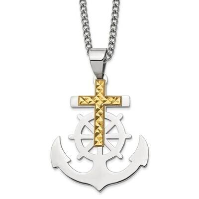 Yellow Ip-Plated Diamond-Cut Cross/Anchor 24 Inch Necklace Stainless Steel Polished SRN2825-24 by C…