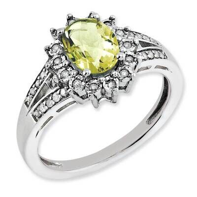 Diamond &amp; Oval Checker-Cut Lemon Quartz Ring Sterling Silver Rhodium-plated QR3046LQ-7, MPN: QR3046…