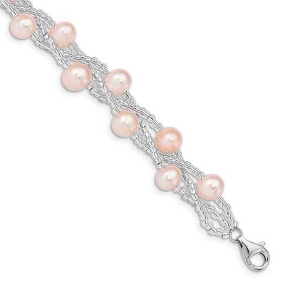 7-9mm Pink Freshwater Cultured Pearl Plastic Bead Bracelet Sterling Silver Rhodium-plated QG5086-7.…