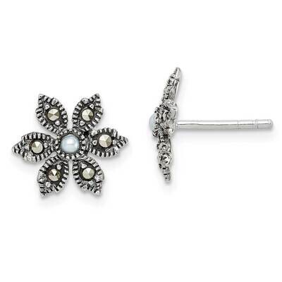 Marcasite &amp; Freshwater Cultured Pearl Flower Post Earrings Sterling Silver Antiqued QE15268, MPN: Q…