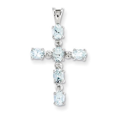 Aquamarine Cross Pendant Sterling Silver Rhodium-plated Diamond QP2955AQ, MPN: QP2955AQ, 8839574972…