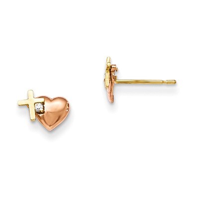 CZ Heart and Cross Post Earrings 14k Yellow &amp; Rose Gold GK760, MPN: GK760, 191101362293