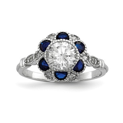 CZ Diamond &amp; Synthetic Blue Sapphire Flower Ring Sterling Silver Rhodium-plated QR6770, MPN: QR6770…