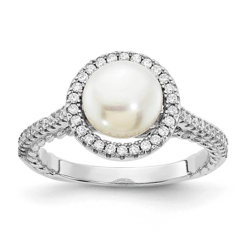 CZ Diamond 7-8mm Button White Cultured Freshwater Pearl Ring Sterling Silver Rhodium-plated QR7321-6