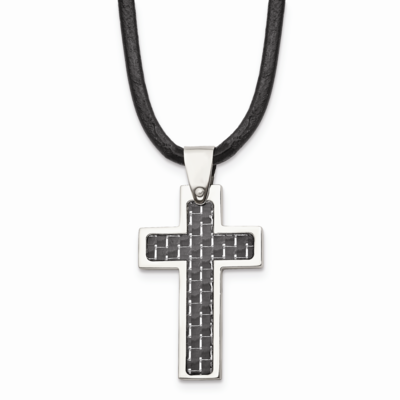 Black Carbon Fiber Inlay Cross 18 Inch Leather Cord Necklace Stainless Steel SRN344-18 by Chisel, M…