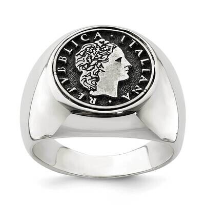 Antiqued Replica 50 Lire Italian Coin Ring Sterling Silver Polished QR6832, MPN: QR6832,