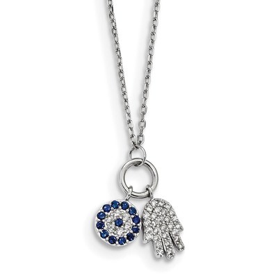 CZ Diamond Eye and Hammsah Charm 1Necklace 17 Inch Sterling Silver Rhodium-plated QG4670-17, MPN: Q…