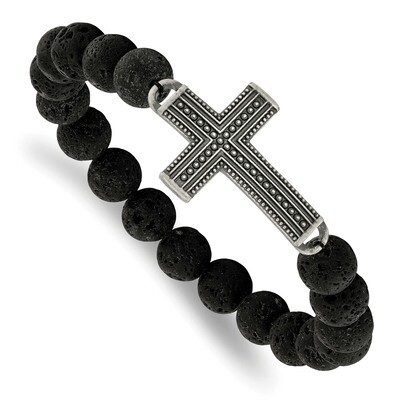 GunMetal IP with Lava Stone Cross Stretch Bracelet Antiqued Stainless Steel SRB1923 by Chisel, MPN:…