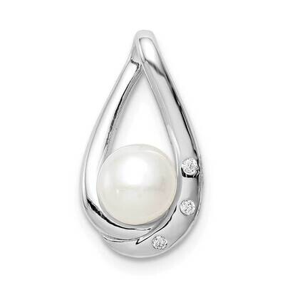 (6-7mm) Freshwater Cultured Pearl Teardrop Chain Slide Sterling Silver Rhodium-plated CZ Diamond QP…