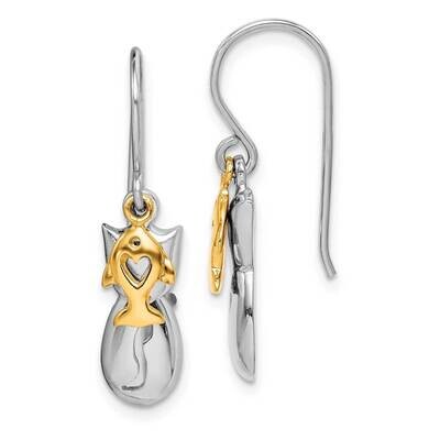 Gold Tone Cat &amp; Fish Dangle Earring Sterling Silver Rhodium-plated QE15287, MPN: QE15287, 886774093…