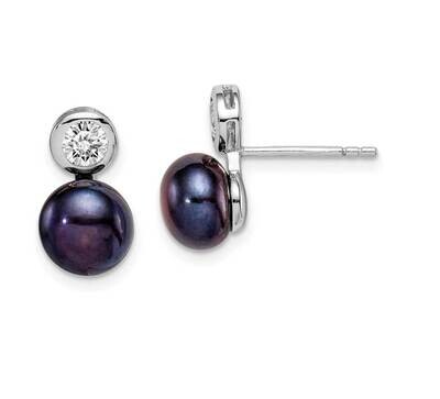 7-8mm Black Button Freshwater Cultured Pearl CZ Diamond Earrings Sterling Silver Rhodium Plated QE1…