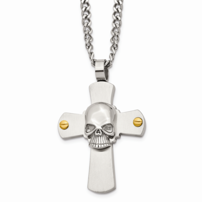 Yellow IP-plated Skull on Cross 24 Inch Necklace Stainless Steel SRN363-24 by Chisel, MPN: SRN363-2…
