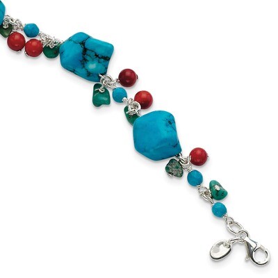 7.5 Inch Dyed Howlite Turquoise Red Coral Bracelet Sterling Silver QH2312-7.5, MPN: QH2312-7.5, 886…
