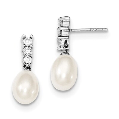 7-8mm White Cultured Freshwater Pearl CZ Diamond Post Dangle Earrings Sterling Silver Rhodium-plate…