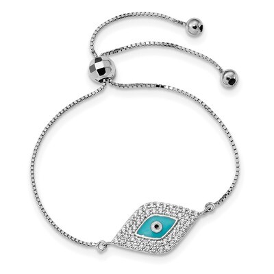 CZ Diamond Blue Enamel Eye Adjustable Bracelet 7.5 Inch Sterling Silver Rhodium-plated QG4621, MPN:…