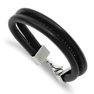 Black Leather Double Row 8.5 Inch Bracelet Stainless Steel SRB783-8.5 by Chisel, MPN: SRB783-8.5, 8…