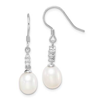 7-8mm White Rice Freshwater Cultured Pearl CZ Diamond Earrings Sterling Silver Rhodium Plated QE152…