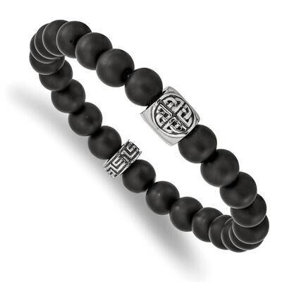 Polished Black Agate Stretch Bracelet Stainless Steel Antiqued SRB2500, MPN: SRB2500, 191101861185
