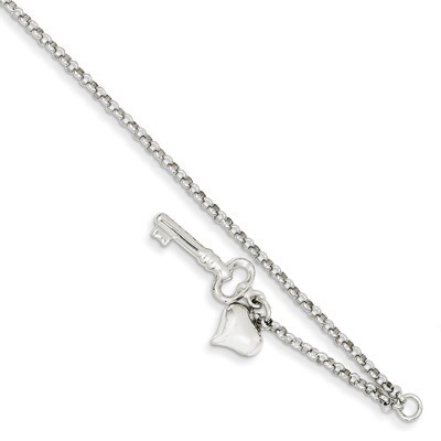 Adjustable Polished Puffed Heart &amp; Key Anklet 10 Inch 14k White Gold ANK45-10, MPN: ANK45-10, 88677…