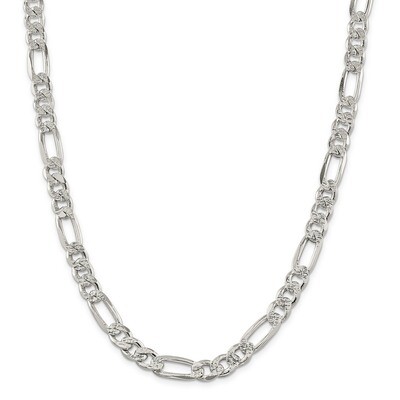 26 Inch 9.5mm Pave Flat Figaro Chain Sterling Silver QFF250-26, MPN: QFF250-26, 883957175270