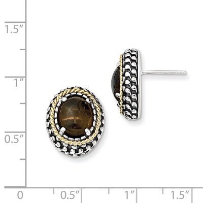 Smokey Quartz Post Earrings Sterling Silver &amp; 14k Gold Antiqued QTC973, MPN: QTC973, 883957036236