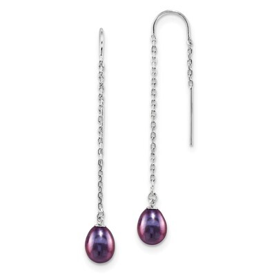 7-8mm Black Rice Cultured Freshwater Pearl Threader Earrings Sterling Silver Rhodium-plated QE13099…