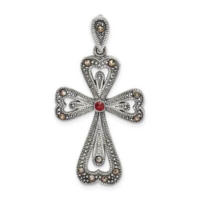 Marcasite &amp; Garnet Cross Pendant Sterling Silver Antiqued QC9363, MPN: QC9363,