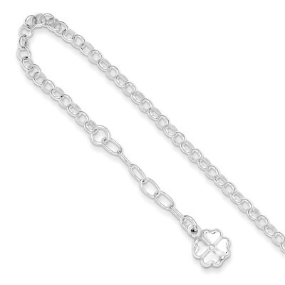 9 Inch Four Leaf Clover with &amp; Extension Anklet Sterling Silver Polished QG2807-9, MPN: QG2807-9, 8…