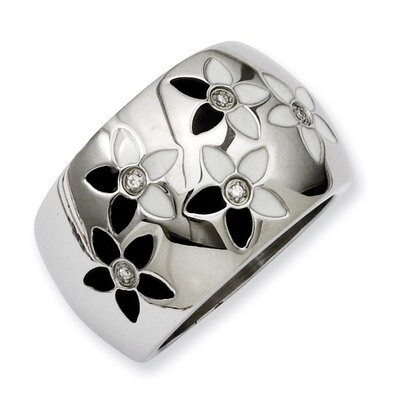 Black &amp; White Enamel Flowers with Synthetic Diamond Ring - Stainless Steel SR183 by Chisel, MPN: SR…