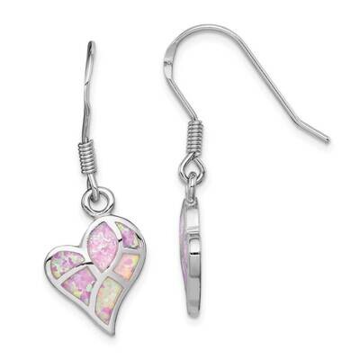 Created Pink Opal Inlay Heart Dangle Earring Sterling Silver Rhodium-plated QE14077, MPN: QE14077, …