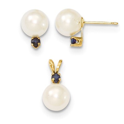 7-8mm White Cultured Pearl &amp; Sapphire Stud Ear &amp; Pendant 14k Gold XF304SET, MPN: XF304SET, 88395737…