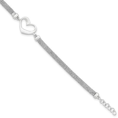 Polished Textured Heart Bracelet with .75 Inch Extender Sterling Silver QG3824-7.5
