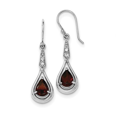 CZ Diamond &amp; Garnet Shepherd Hook Earrings Sterling Silver Rhodium-plated QE12622GA, MPN: QE12622GA…