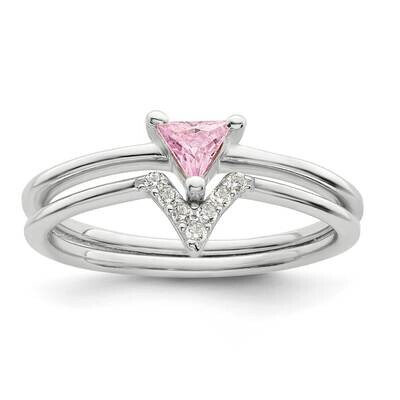 Pink Trillion CZ Diamond and White CZ Diamond Ring Set Sterling Silver QR7288, MPN: QR7288,