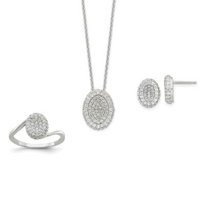 16 In with 1.5 In Extender CZ Diamond Oval Necklace, Earrings, Ring Set 16 Inch Sterling Silver QST…