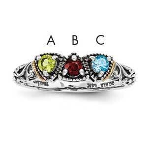Three-Stone Mother&#39;s Ring Sterling Silver &amp; 14k Gold QMR42/3SY-10, MPN: QMR42_3--6,