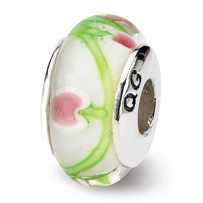 White Pink Green Hand-blown Glass Bead - Sterling Silver QRS665, MPN: QRS665, 883957725758