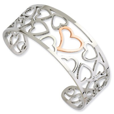 Polished &amp; Pink IP-plated Hearts Cuff Bangle - Stainless Steel SRB593 by Chisel, MPN: SRB593, 88395…