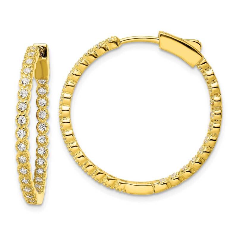 Sterling Silver Polished In & Out CZ Diamond Hinged Hoop Earrings Gold-tone QE16305