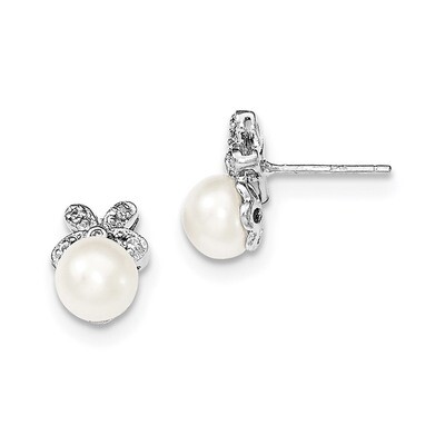 7-8mm White Cultured Freshwater Pearl CZ Diamond Post Earrings Sterling Silver Rhodium-plated QE128…