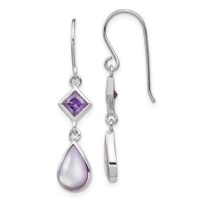 Purple CZ Diamond and Purple MOP Dangle Earring Sterling Silver Rhodium-plated QE15374, MPN: QE1537…