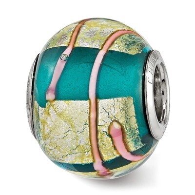 Foil Pink Striped Blue Glass Bead Sterling Silver QRS3839, MPN: QRS3839,